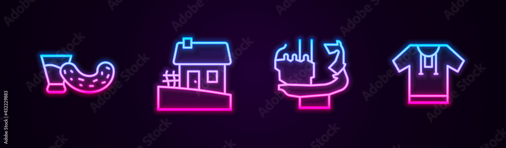 Set line Glass with vodka, Ukrainian house, Monument to founders of Kiev and Embroidered shirt. Glowing neon icon. Vector Set line Glass with vodka, Ukrainian house, Monument to founders of Kiev and Embroidered shirt. Glowing neon icon. Vector
