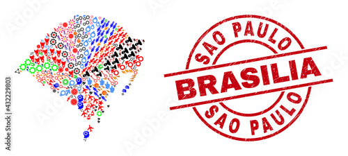 Rio Grande do Sul State map collage and dirty Sao Paulo Brasilia red circle badge. Sao Paulo Brasilia stamp uses vector lines and arcs. Rio Grande do Sul State map collage contains helmets, houses,