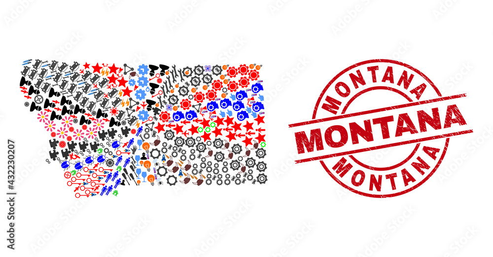 Montana State map mosaic and unclean Montana red circle badge. Montana badge uses vector lines and arcs. Montana State map collage contains gears, homes, screwdrivers, suns, people, Montana State map mosaic and unclean Montana red circle badge. Montana badge uses vector lines and arcs. Montana State map collage contains gears, homes, screwdrivers, suns, people,