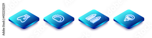 Set Isometric line Cossack pants, Dumplings, Two towers Dnipro and on fork icon. Vector