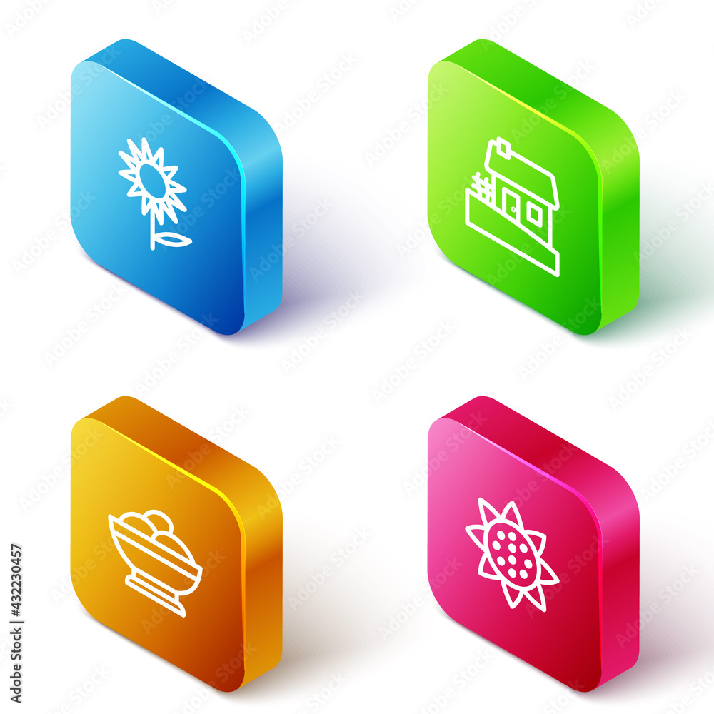 Set Isometric line Sunflower, Ukrainian house, Varenyky bowl and icon. Vector Set Isometric line Sunflower, Ukrainian house, Varenyky bowl and icon. Vector