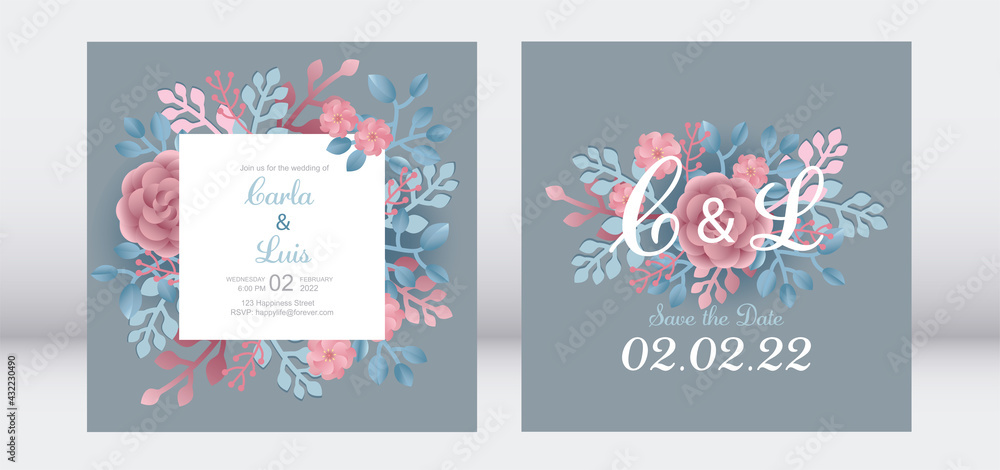Wedding invitation and save the date vector illustration. Beautiful floral elegant card template background.