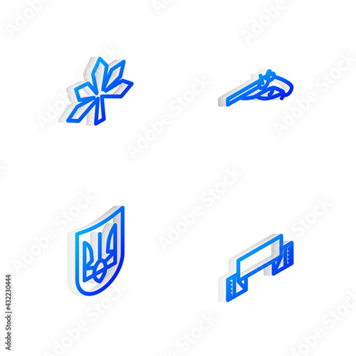 Set Isometric line Vintage pistols, Chestnut leaf, Ukrainian trident and Embroidered towel icon. Vector