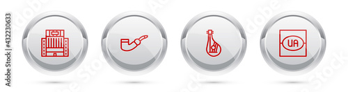 Set line Hotel Ukraina building, Smoking pipe, Bandura and Flag of Ukraine. Silver circle button. Vector