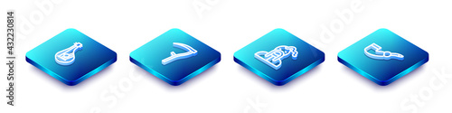 Set Isometric line Bandura, Scythe, Ukrainian cossack and Smoking pipe icon. Vector