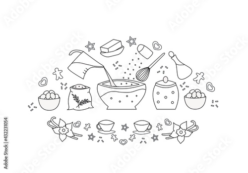 Cooking and baking icon set for you kitchen, restaurant or menu. Food poster. Mix ingredients for bake cookies.Linear icons kitchen utensils and milk, butter, sugar, vanilla, flour,eggs.Kitchen poster