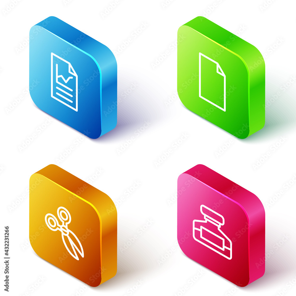 Set Isometric line Document with graph chart, Empty document, Scissors and Ink bottle icon. Vector Set Isometric line Document with graph chart, Empty document, Scissors and Ink bottle icon. Vector