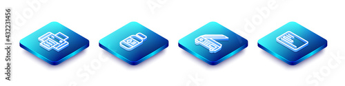 Set Isometric line Printer, ink bottle, Scanner and Business card icon. Vector