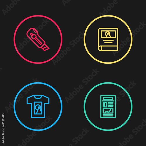 Set line T-shirt, News, Photo album gallery and Stationery knife icon. Vector