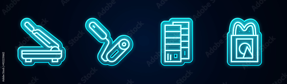 Set line Paper cutter, Paint roller brush, Pantone and shopping bag. Glowing neon icon. Vector Set line Paper cutter, Paint roller brush, Pantone and shopping bag. Glowing neon icon. Vector
