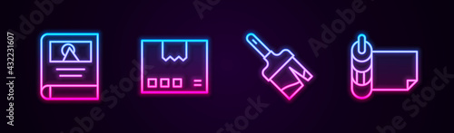 Set line Photo album gallery, Carton cardboard box, Paint brush and Roll of paper. Glowing neon icon. Vector