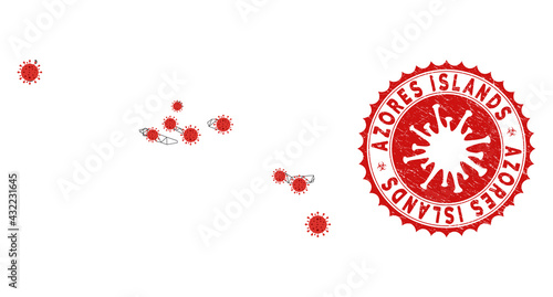Polygonal mesh Azores Islands map with coronavirus centers. Abstract network connected lines and covid- 2019 viruses form Azores Islands map.