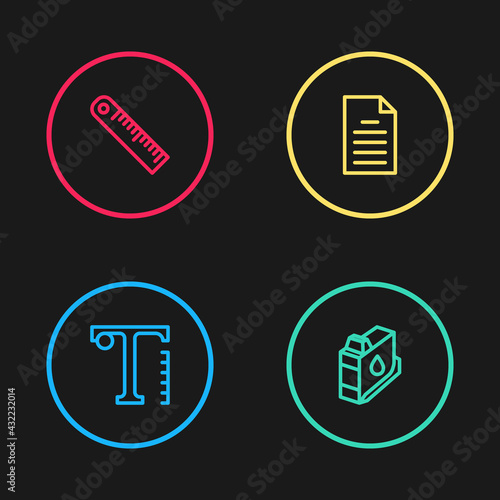 Set line Text, Printer ink cartridge, File document and Ruler icon. Vector
