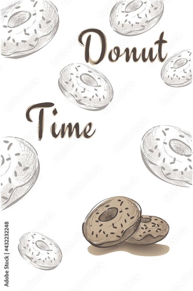 Donuts. Coffee time, breakfast, dessert. Hand-drawn. Charcoal, line, pencil. Template for text on a white background. Vector illustration.
