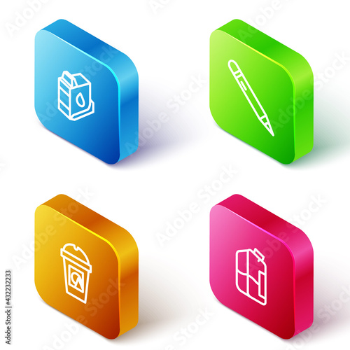 Set Isometric line Printer ink cartridge, Pencil with eraser, Coffee cup to go and bottle icon. Vector