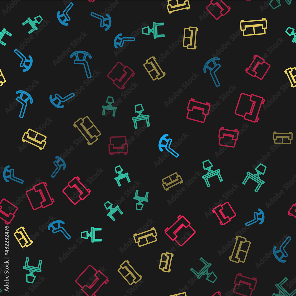Set line Armchair, Table lamp on table, Sofa and on seamless pattern. Vector Set line Armchair, Table lamp on table, Sofa and on seamless pattern. Vector