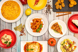 top view of typical mediterranean dishes from spain and italy