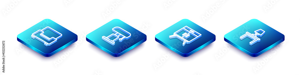 Set Isometric line Armchair, Table lamp, Chest of drawers and on table icon. Vector Set Isometric line Armchair, Table lamp, Chest of drawers and on table icon. Vector