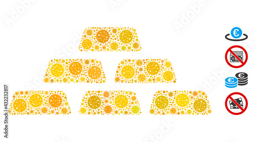 Mosaic treasure bricks united from coronavirus icons in variable sizes and color hues. Vector infection icons are organized into abstract mosaic treasure bricks icon. Some bonus icons are added.