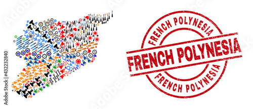 Syria map mosaic and scratched French Polynesia red round stamp seal. French Polynesia seal uses vector lines and arcs. Syria map collage includes gears, homes, wrenches, bugs, stars, and more icons.