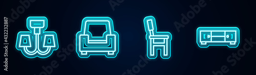 Set line Chandelier, Armchair, Chair and Chest of drawers. Glowing neon icon. Vector