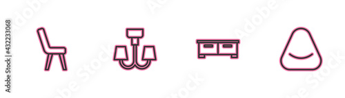Set line Armchair, Chest of drawers, Chandelier and Pouf icon. Vector