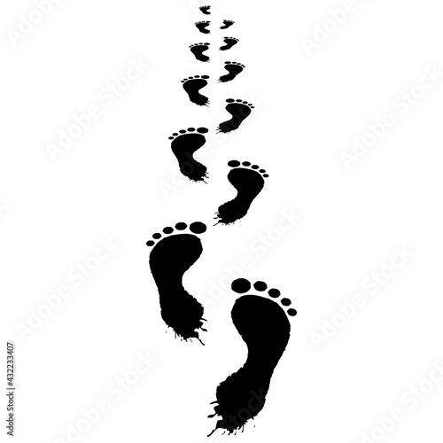 Smeared human chain footprints from first person perspective. Footsteps humanoid bare feet extending straight into distance mysterious black markings with flowing vector heels.