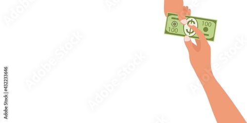 One hand gives money to the other isolated on white background. Banner in flat style of hands with dollar and empty place for text. Concept of charity, currency exchange, corruption, bribe or payment.