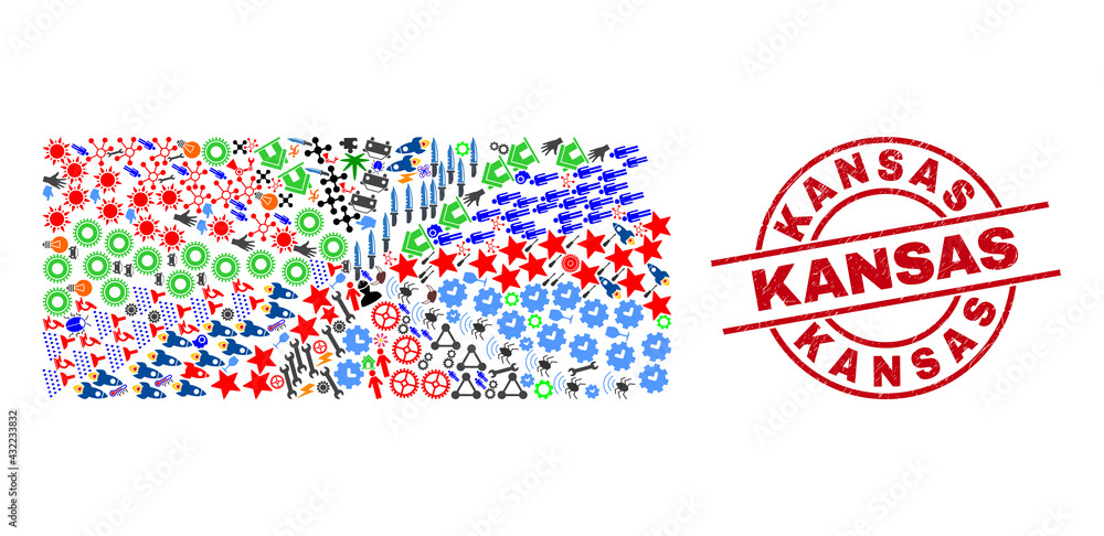 Kansas State map collage and Kansas red round seal. Kansas seal uses vector lines and arcs. Kansas State map collage includes gears, houses, showers, bugs, men, and more symbols. Kansas State map collage and Kansas red round seal. Kansas seal uses vector lines and arcs. Kansas State map collage includes gears, houses, showers, bugs, men, and more symbols.