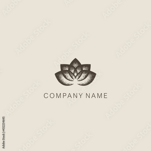 Simple, minimalistic, stylized lotus flower symbol or logotype, composed of several elements. With small dots. 