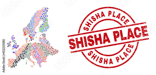 European Union map collage and scratched Shisha Place red round stamp imitation. Shisha Place stamp uses vector lines and arcs. European Union map collage contains gears, houses, screwdrivers, bugs,