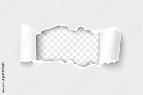 Torn snatched window in sheet with curl sides isolated on transparent paper. Template hole paper design