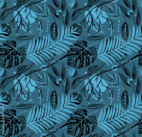 Seamless pattern of leaves drawn on dark blue background for decoration and textile. Hand drawing illustration with vintage look.