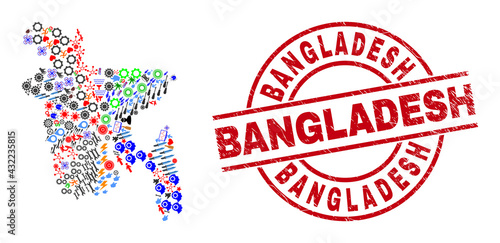 Bangladesh map collage and unclean Bangladesh red round stamp seal. Bangladesh stamp uses vector lines and arcs. Bangladesh map collage contains gears, homes, screwdrivers, bugs, wine glasses,