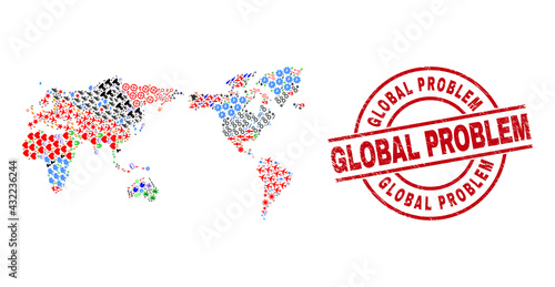 World map mosaic and rubber Global Problem red round stamp seal. Global Problem stamp uses vector lines and arcs. World map mosaic includes helmets, houses, wrenches, suns, men, and more pictograms.