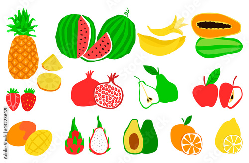 Fototapeta Naklejka Na Ścianę i Meble -  A Set of different Natural Tropical Exotic Healthy Fruits and Berries. Vector flat bright illustration of Fresh Juicy Fruits in the section with Pulp. Collection. Individual elements in composition.