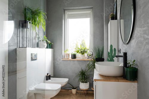 Interior of stylish bathroom with ceramic washbasin  round mirror  green plants  window  grey wall. Industrial spa at hotel with minimalist furniture. Nobody.