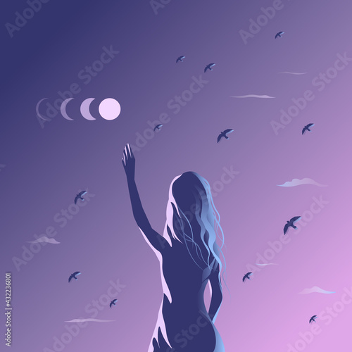 Girl stretches her hand to the moon at night on a dark background. Full moon at purple dusk among the clouds and flying birds. Dreamy evening flight. Young woman alone illuminated by lunar light.