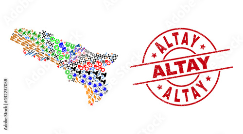Abkhazia map collage and textured Altay red round stamp seal. Altay stamp uses vector lines and arcs. Abkhazia map collage includes gears, homes, screwdrivers, bugs, wine glasses, and more icons.