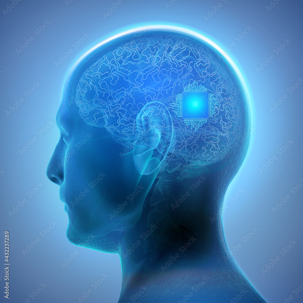 Creative concept related to the brain implants technology. Abstract image featuring an embedded chip in the human brain which can communicate with an external smart device. 3D illustration
Creative concept related to the brain implants technology. Abstract image featuring an embedded chip in the human brain which can communicate with an external smart device. 3D illustration
