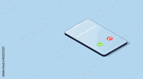 Unknown caller. Isometric vector illustration. 3d model smartphone isolated on a blue background. Phone interface with two icons accept or reject a call