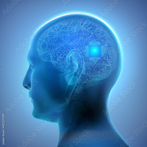 Creative concept related to the brain implants technology. Abstract image featuring an embedded chip in the human brain which can communicate with an external smart device. 3D illustration 