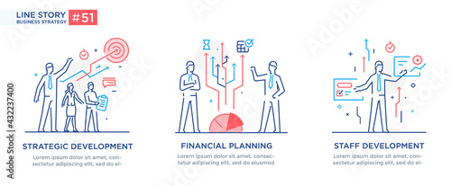 Set of illustrations concept with businessmen. Workflow, growth, graphics. Business development, milestones. linear illustration Icons infographics. Landing page site print poster