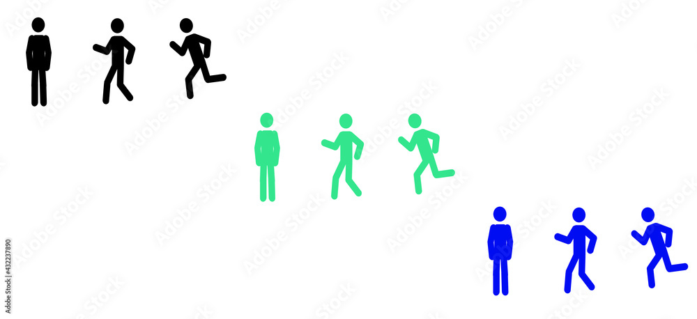 a set of colorful sketch men, figures running, walking, standing isolated on a white background