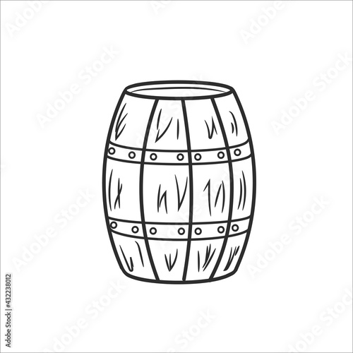 Wooden barrel. Hand drawn sketches gardening tools. Isolated elements equipment for agriculture in Doodle style. Vector illustration on a white background.