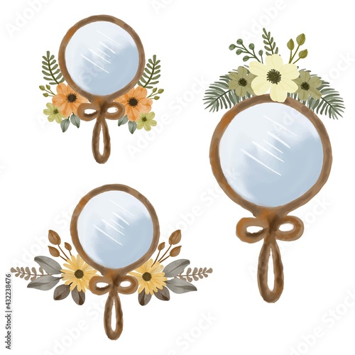 illustration of yellow flower arrangement and mirror in watercolor