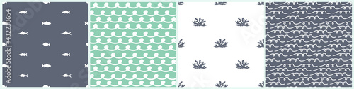 Sea or ocean fish, waves, corals seamless patterns. Set of vector simple monochrome silhouette illustrations for apparel, paper, wallpaper backgrounds in blue, aquamarine, white colors