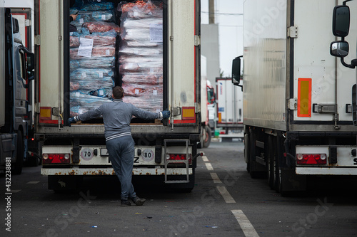 unloading of goods from the truck, checking the imported cargo, a person stands in front of the open body and examines, enhanced customs inspection and export verification