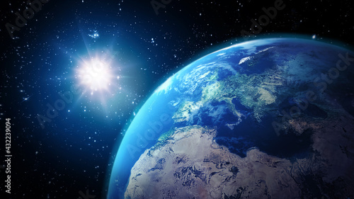Planet earth in front of the sun on outer space. A 3D illustration photorealistic concept © Maingraph