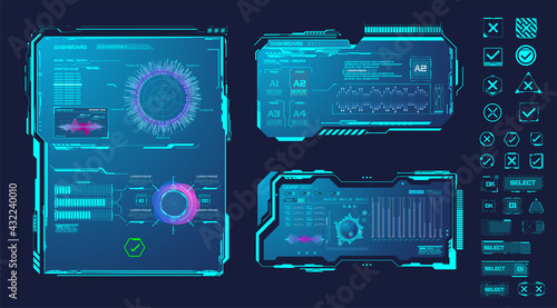 Futuristic frames. Cyberpunk HUD square screen. Digital futuristic hud interface panels, hologram high tech screen, modern interface. Attention interface hologram for gaming space management. GUI, UI